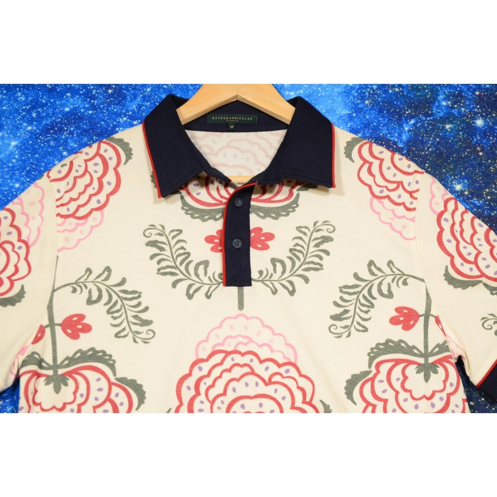 Extracurricular Polo Shirt Mens Medium Floral‎ Print Cream Navy Collar Golf - Picture 2 of 8